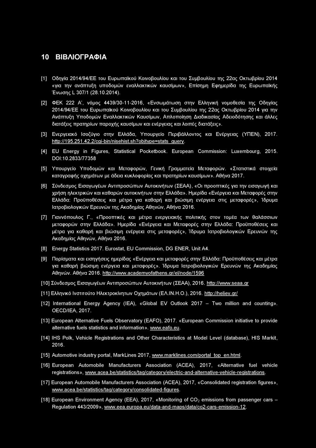 10 ΒΙΒΛΙΟΓΡΑΦΙΑ [1] Οδηγία 2014/94/ΕΕ του Ευρωπαϊκού Κοινοβουλίου και του Συμβουλίου της 22ας Οκτωβρίου 2014 «για την ανάπτυξη υποδομών εναλλακτικών καυσίμων», Επίσημη Εφημερίδα της Ευρωπαϊκής Ένωσης