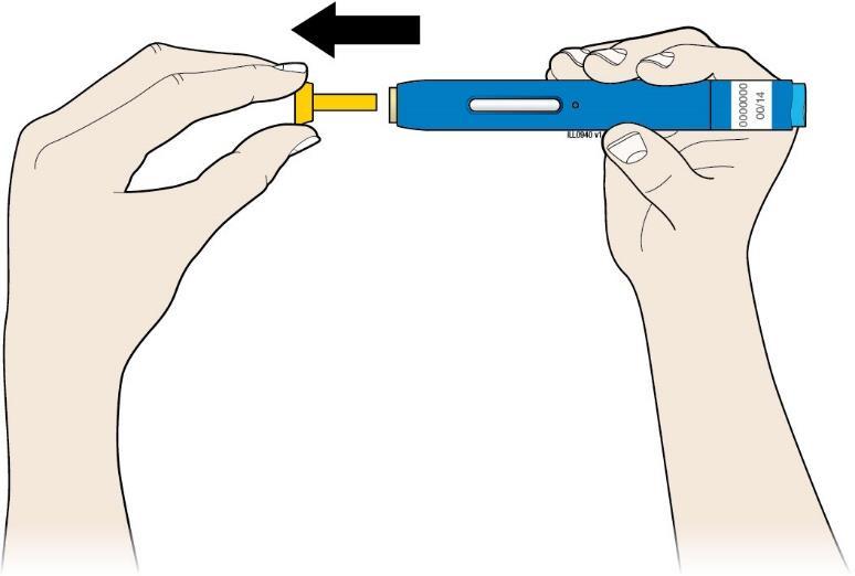Korak 2: Pripremite se E. Povucite ravno žuti zatvarač kada ste spremni za injiciranje. Normalno je vidjeti kapljicu lijeka na vrhu igle ili na žutom sigurnosnom štitniku.