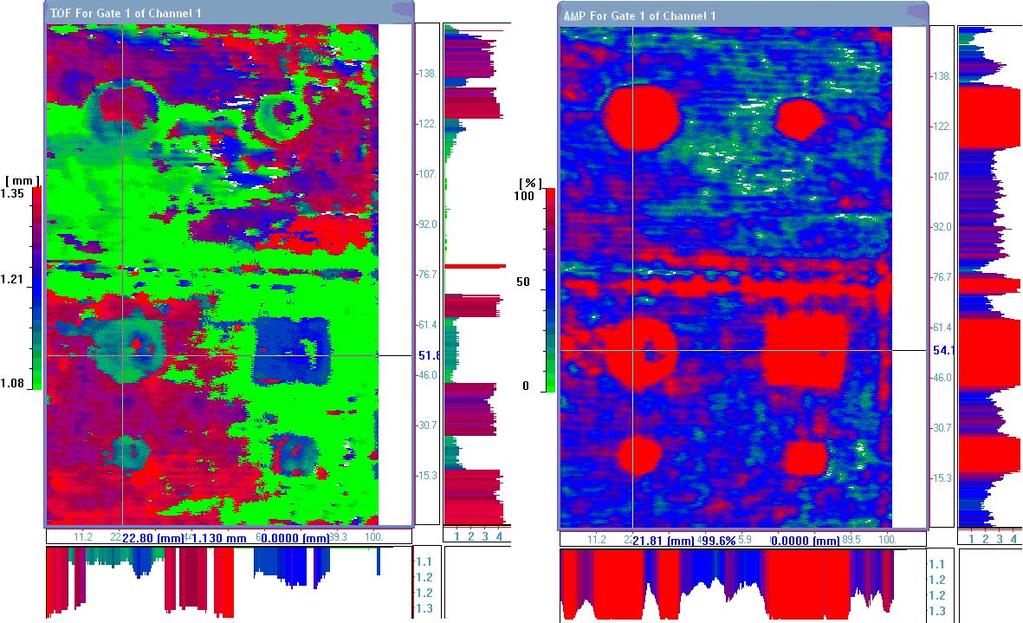 Κεφάλαιο 8 Ελεγχος δοκιμίων. 142 Σχήμα 8.11 : C-scan TOF-AMP CFRP V-I 4-5TH LAYER MAX PEAK. Στην προσπάθεια μας να εντοπίσουμε τις ατέλειες μετατοπίζουμε το κέντρο του Gate στο 1.