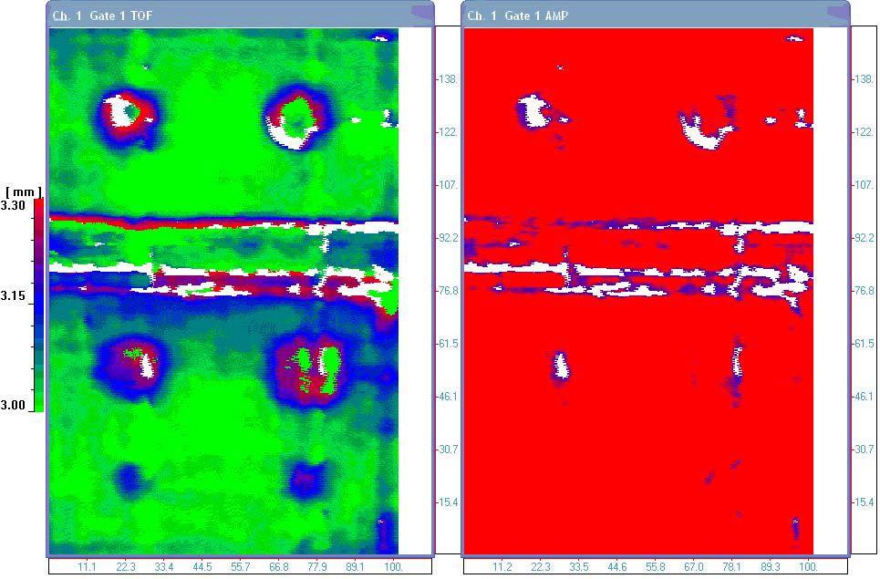 Κεφάλαιο 8 Ελεγχος δοκιμίων. 153 Σχήμα 8.20 : C-scan TOF-AMP CFRP V-I BACKWALL MAX-PEAK. Στο C-scan του Σχήματος 8.