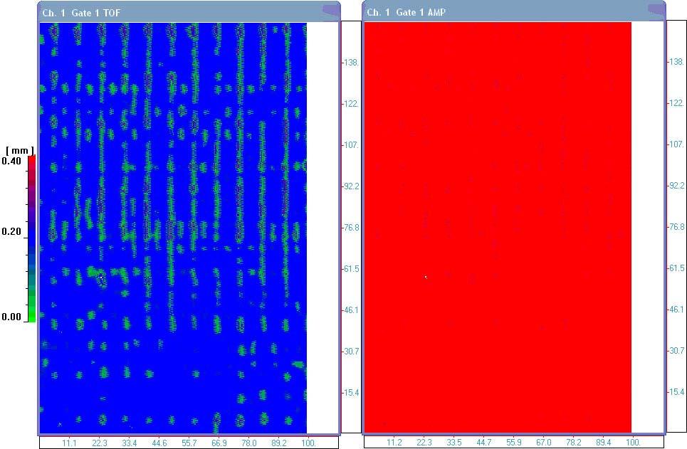 Κεφάλαιο 8 Ελεγχος δοκιμίων. 161 Σχήμα 8.27 :5MHz C-scan TOF-AMP GFRP V-I 1 ST LAYER FIRST-PEAK. Ο έλεγχος του δοκιμίου ξεκινά με την εξέταση την πρώτης στρώσης.