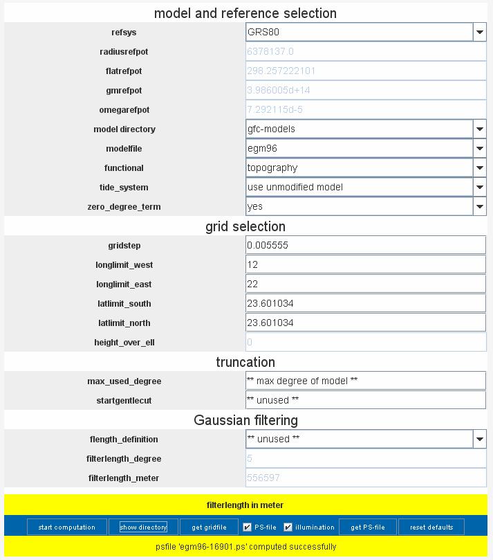 Παράδειγμα επιλογών: Χωροσταθμικό ελλειψοειδές αναφοράς (refsys) GRS80 Μοντέλο σφαιρικών αρμονικών για το γήινο δυναμικό της βαρύτητας (modelfile) EGM96 Παράμετρος προς υπολογισμό (functional)