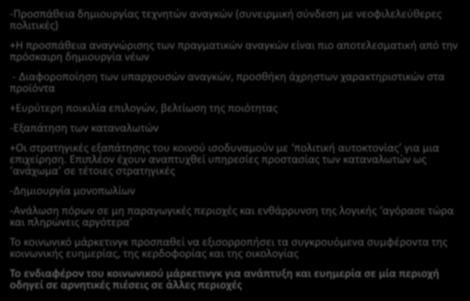 ΚΡΙΤΙΚΗ ΣΤΙΣ ΠΟΛΙΤΙΚΕΣ ΤΟΥ ΜΑΡΚΕΤΙΝΓΚ -Προσπάθεια δημιουργίας τεχνητών αναγκών (συνειρμική σύνδεση με νεοφιλελεύθερες πολιτικές) +Η προσπάθεια αναγνώρισης των πραγματικών αναγκών είναι πιο