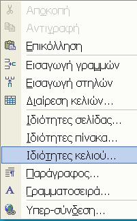 Το παράθυρο "ιδιότητες κελιού" σας επιτρέπει να τροποποιήσετε διάφορα µέρη µεµονωµένων κελιών.