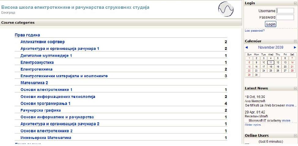 Kategorije kurseva: Prikazuju se svi kursevi koji su podržani ovim sistemom i organizovani su po godinama studija. Prijava: Ovaj blok se sastoji od dva polja: korisničko ime i lozinka.