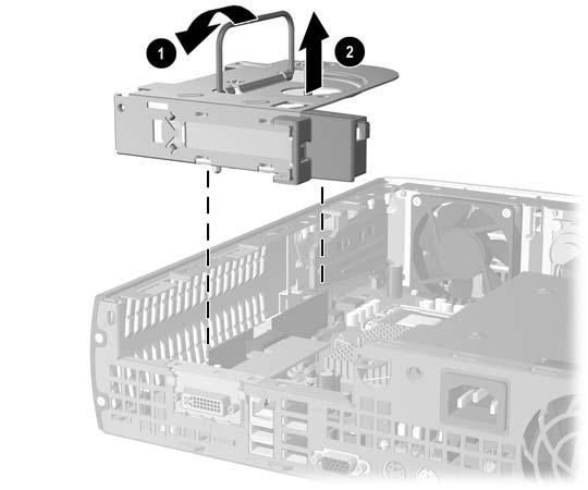 7. Σηκώστε τη χειρολαβή (1) που βρίσκεται στην κάρτα επέκτασης και τραβήξτε τη µονάδα για να τη βγάλετε από τον υπολογιστή (2). Εικόνα 2-12 Αφαίρεση του βραχίονα κάρτας επέκτασης PCI Express 8.
