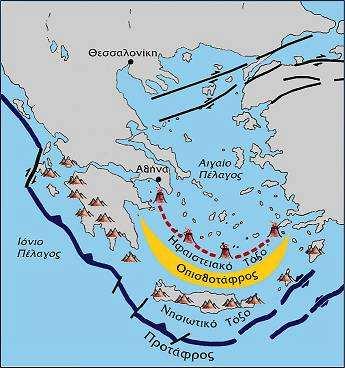 Σχήµα 11 Το Ελληνικό τόξο (Παπανικολάου., 1998). Το νησιωτικό τόξο αποτελείται από µία σειρά διαδοχικών νησιών όπως η Ρόδος, η Κρήτη, τα Κύθηρα και από την Πελοπόννησο.