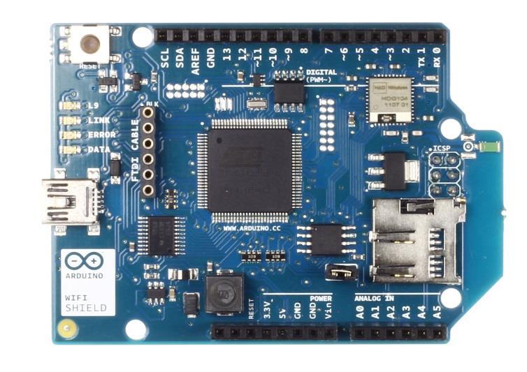 ασπίδα. Η ασπίδα Wi-Fi συνδέεται στην πλακέτα Arduino χρησιμοποιώντας wire-wrap headers, τα οποία εκτείνονται μέσα στο Wi-fi shield [10].