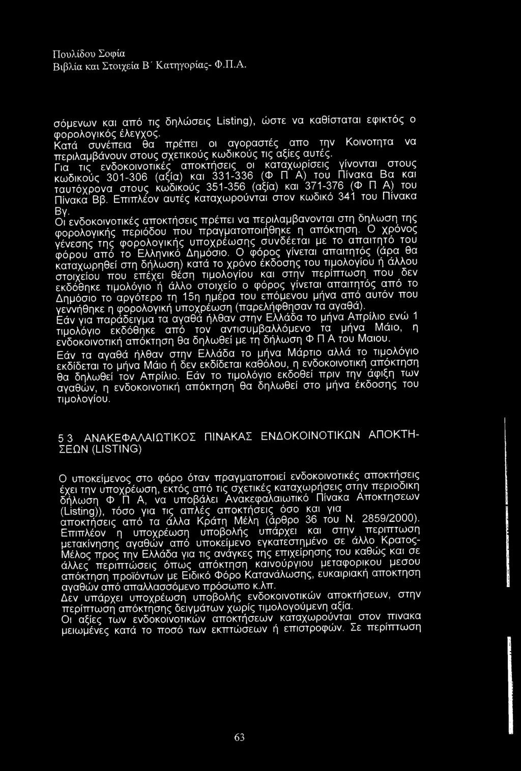 Για τις ενδοκοινοτικές αποκτήσεις οι καταχωρίσεις γίνονται στους κωδικούς 301-306 (αξία) και 331-336 (Φ Π Α) του Πίνακα Βα και ταυτόχρονα στους κωδικούς 351-356 (αξία) και 371-376 (Φ Π Α) του Πίνακα