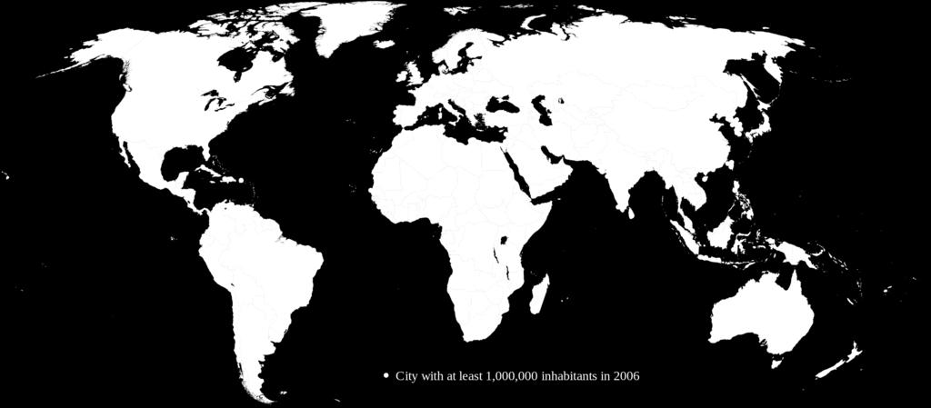 Οι μεγαλύτερες αστικές συγκεντρώσεις το 2000 Η συγκέντρωση του παγκόσμιου πληθυσμού στις πόλεις καταγράφεται και στον επόμενο χάρτη με τις πόλεις πάνω από 5 εκατ.