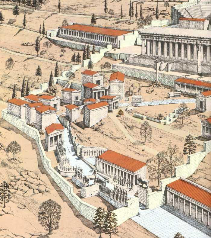 ΙΙΙ. Άλλοι ναοί και θησαυροί της υστεροαρχαϊκής εποχής με γλυπτό διάκοσμο Στο ιερό του Απόλλωνα στους Δελφούς, όπως και σε άλλα μεγάλα ιερά, υπήρχαν μικρά ναόσχημα κτίσματα που