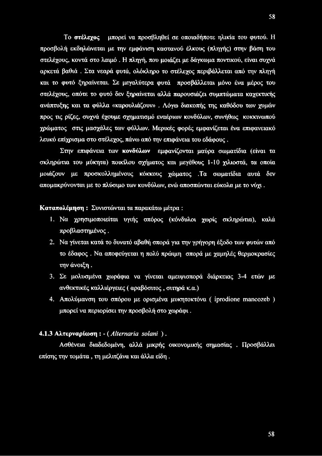 Σε μεγαλύτερα φυτά προσβάλλεται μόνο ένα μέρος του στελέχους, οπότε το φυτό δεν ξηραίνεται αλλά παρουσιάζει συμπτώματα καχεκτικής ανάπτυξης και τα φύλλα «καρουλιάζουν».