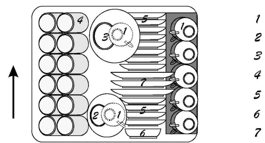 Η μέθοδος φόρτωσης κανονικού όγκου πιάτων Φόρτωση του επάνω καλαθιού Το επάνω καλάθι έχει σχεδιαστεί για να συγκρατεί τα πιο ευαίσθητα και ελαφριά σκεύη, όπως ποτήρια, φλιτζάνια και πιατάκια του καφέ