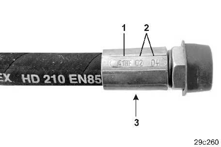 Καθαρισμός, συντήρηση και επισκευή 13.12 Υδραυλικό σύστημα Σήμανση των εύκαμπτων υδραυλικών αγωγών Η σήμανση τυ εξαρτήματς σύνδεσης παρέχει τις ακόλυθες πληρφρίες: Εικ. 136/.