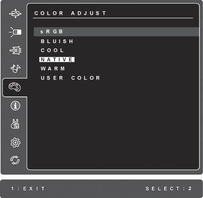 Χειριστήρια Επεξήγηση Color Adjust (Ρύθμιση Χρώματος) προσφέρει αρκετές λειτουργίες ρύθμισης χρώματος, που περιλαμβάνουν προεπιλεγμένες θερμοκρασίες χρώματος και μία λειτουργία Χρώματος Χρήστη που