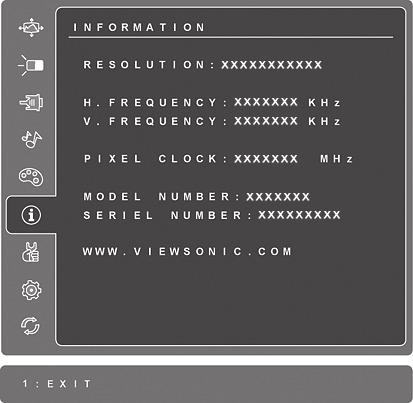 Χειριστήρια Επεξήγηση Information (Πληροφορίες) εμφανίζουν τη λειτουργία χρονισμού (έξοδος σήματος βίντεο) που έρχεται από την κάρτα γραφικών του υπολογιστή, τον αριθμό μοντέλου της LCD, τον αριθμό