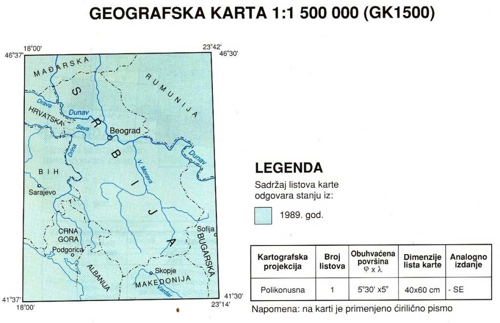 194 Географска карта 1:1 500 000 За територију бивше СФРЈ урађена је географска карта у размери 1:1 500 000 у поликонусној пројекцији.