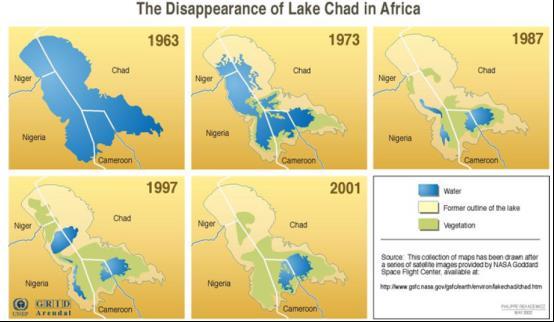 Εικόνα 10.Έντονη συρρίκνωση της λίμνης Τσάντ της Αφρικής. Η περιοχή αυτή ευθύνεται για τη μεγαλύτερη εκπομπή σκόνης στην ατμόσφαιρα του πλανήτη. (Πηγή: http://visibleearth.nasa.gov/) 2.