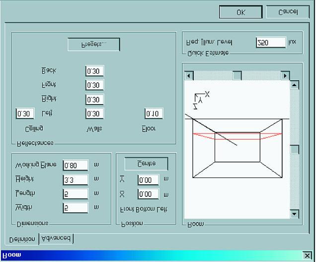 Ôï ðëáßóéï äéáëüãïõ áðü ôï ìåíïý "Data - Project Options" Áðü ôçí åðéëïãþ «Room» ôïõ ìåíïý Data åðéëýîôå ôçí êáñôýëá «Definition» êáé ïñßóôå ôéò äéáóôüóåéò ôïõ þñïõ, ôç èýóç ôïõ åðéðýäïõ åñãáóßáò,