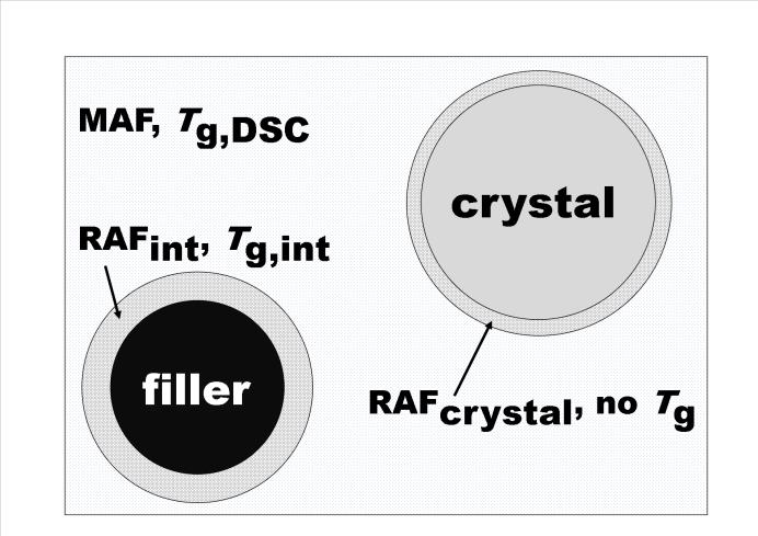 Σχήμα 3-1 Αναπαράσταση ενός ημικρυσταλλικού νανοσύνθετου πολυμερούς εφαρμόζοντας το «τριφασικό μοντέλο». Η ύπαρξη της T g,int προτείνεται από τη μελέτη μας.