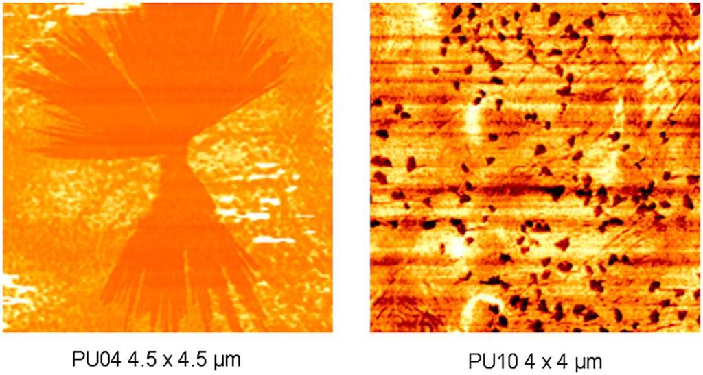 Υβριδικά συστήματα πολυουρεθάνης/poss Σχήμα 2-4 Εικόνες AFM για τα υβρίδια με 4 και 10 wt% PHI-POSS. Παρατηρούμε μεγάλους κρυστάλλους στο πρώτο ενώ μικρότερους (~120 nm) στο δεύτερο.