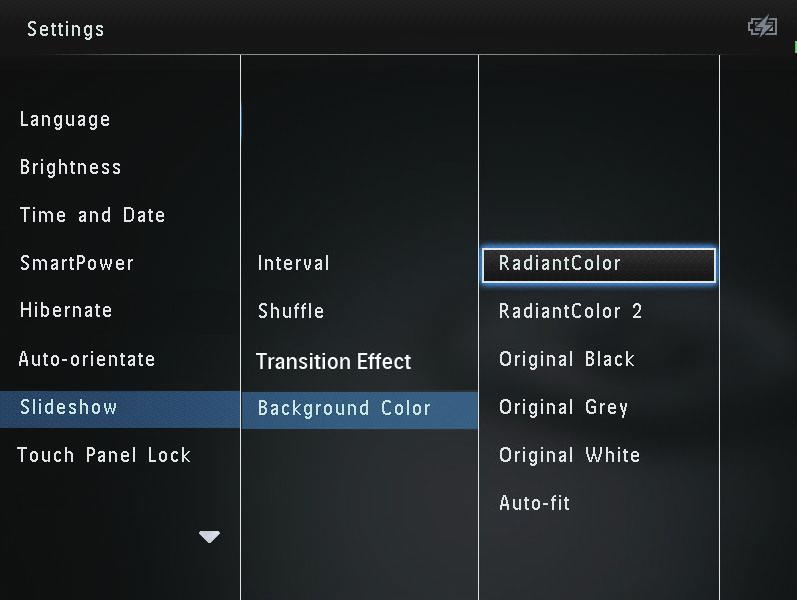 3 Επιλέξτε [Transition Effect] και πατήστε OK. 4 Επιλέξτε [RadiantColor] / χρώμα φόντου / [Auto-fit] και 4 Επιλέξτε εφέ μετάβασης και πατήστε OK.