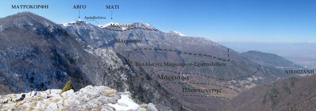 Εικόνα 7.1.4 Άποψη από τη βόρεια πλευρά του Παγγαίου όπου διακρίνονται οι βασικοί λιθολογικοί σχηματισμοί του όρους.