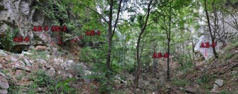Εικόνα 8.6.1.2 Άποψη προς τα ανατολικά της κοιλάδας στην περιοχή Ασημότρυπες. Σημειώνονται οι είσοδοι των μεταλλείων. Εικόνα 8.6.1.3 Το νότιο πρανές στην απόληξη της κοιλάδας στις Ασημότρυπες.