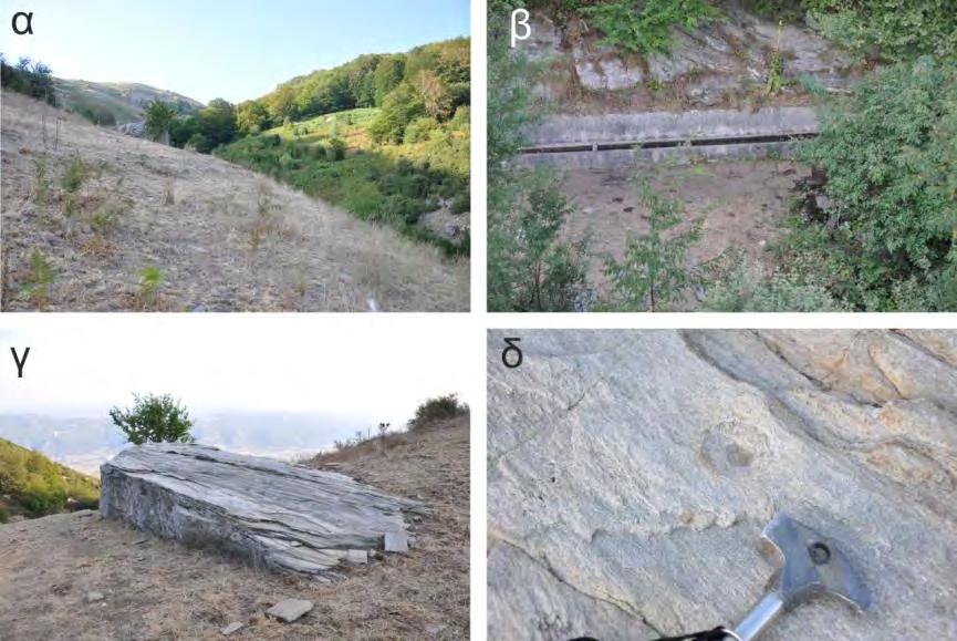Εικόνα 9.6.1.2 α) Άποψη της μεταλλουργικής θέσης Μουσθένης β) Διευθετημένη πηγή νερού στη μεταλλουργική θέση. γ) Το γνευσιακό υπόβαθρο λαξευμένο πιθανώς για τη λειοτρίβηση του μεταλλεύματος.