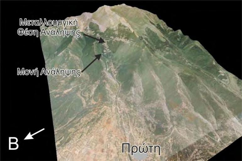 9.9 Μεταλλουργική Περιοχή Ανάληψης 9.9.1 Περιγραφή Θέσης Η μεταλλουργική περιοχή της Ανάληψης εντοπίζεται 250 m νοτιοανατολικά της Μονής Ανάληψης σε υψόμετρο 1040 m (Εικ. 9.9.1.1, 9.9.1.2α), στην περιοχή «Γούρνες».