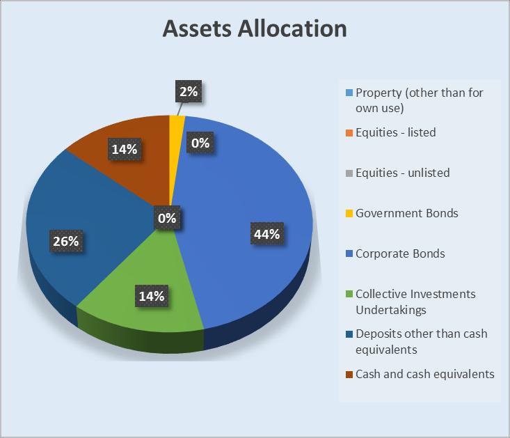 Assets Amount % Property (other than for own use) 0 0,0% Holdings in related undertakings, including participations 0 0,0% Equities - listed 0 0,0% Equities - unlisted 0 0,0% Government Bonds 266.