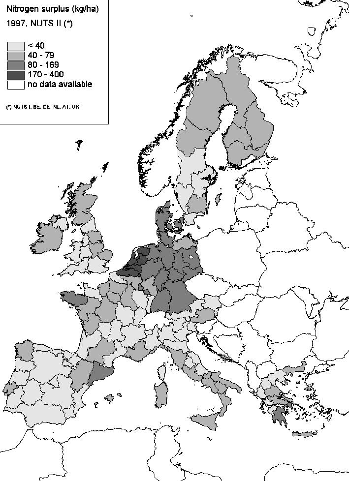 Κεφάλαιο 2. Μη Σημειακή Ρύπανση από Γεωργικές Πηγές 14 Πλεόνασμα Ν (kg/στρ.) < 4 4-8 8-16 16-40 Ελλιπή δεδομένα Σχήμα 2.3. Ετήσιο πλεόνασμα Ν σε χώρες της Ε.Ε (Eurostat 1997) 2.1.5.