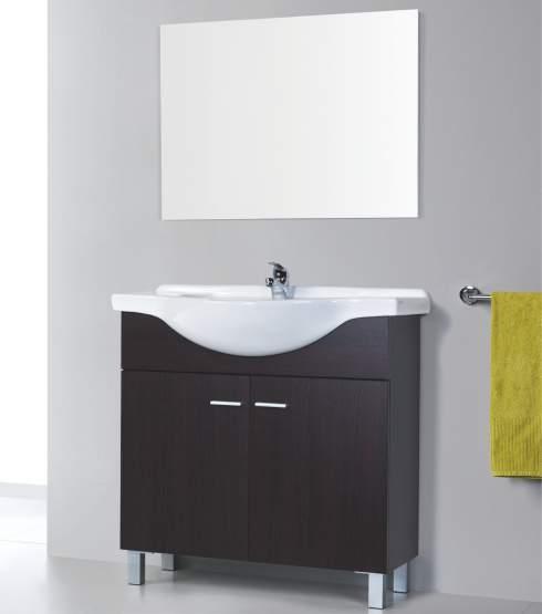 Base unit wenge, with 2 doors and chrome feet. Ceramin countertop washbasin 81cm and optionally simple mirror 80cm.
