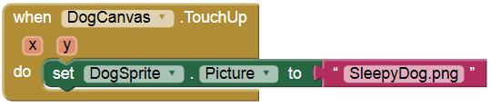 Εντοπίζουμε και συναρμολογούμε κάτω από το ήδη υπάρχον σχετικό τμήμα when DogCanvas.Touchdown, το πλακίδιο set DogSprite.Picture to 13.