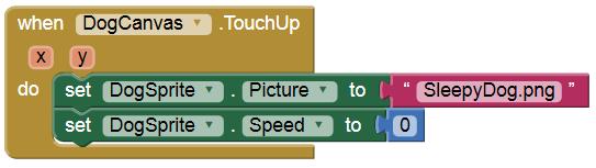 Εισάγουμε την νέα αυτή εντολή στο σενάριο μας στο when DogCanvas.Touchdown. Το σενάριο μας μέχρι στιγμής έχει την επόμενη μορφή.