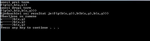 w k(x,y) где после њене примене добијамо подударне термове: замене које смо обавили су: t1: f(g(w), h(w, k(x,y))) t2: f(g(w), h(w, k(x,y))) v u w w w k(x,y).