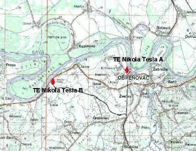 Слика 27 - Положај Термоелектрана "Никола Тесла А" и "Никола Тесла Б" Управљање индустријским отпадом у ТЕНТ-у Процедуром о управљању отпадом у ПД ТЕНТ, број QР.0.16.