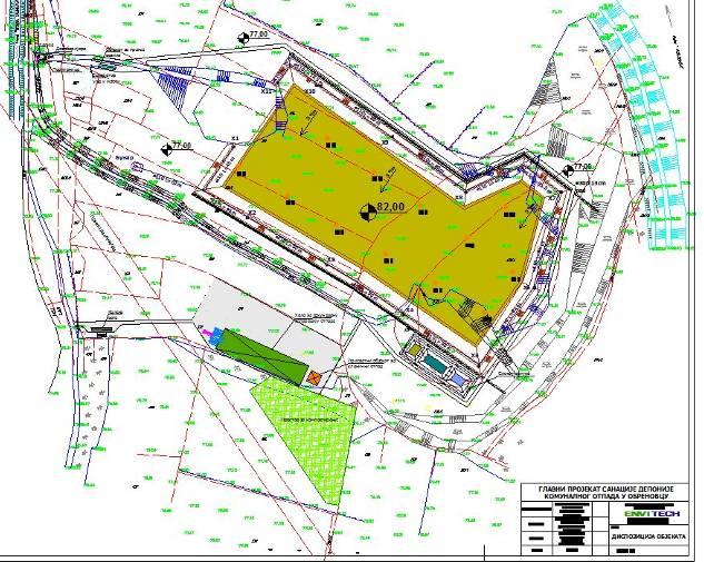Слика 21 - Техничко решење санације комуналне депоније ''Гребача'' са диспозицијом пратећих објеката У оквиру пројектне документације разрађено је идејно решење пратећих садржаја и објеката