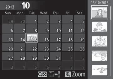 Απεικόνιση Ημερολογίου Για να προβάλετε εικόνες που λήφθηκαν σε μία επιλεγμένη ημερομηνία (απεικόνιση ημερολογίου), πατήστε το κουμπί W (Q) όταν εμφανίζονται 80 εικόνες.