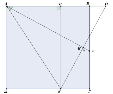 Επαναληπτικές Ασκήσεις Γεωμετρίας Άσκηση 19 Δίνεται τετράγωνο ΑΒΓΔ και τυχαίο σημείο Ε της πλευράς ΔΓ. Φέρνουμε τη διχοτόμο της γωνίας ΑΖ, ΕΗ ΑΒ. Αν η ΕΚ τέμνει την ΑΒ στο Θ να δειχθεί ότι: α.