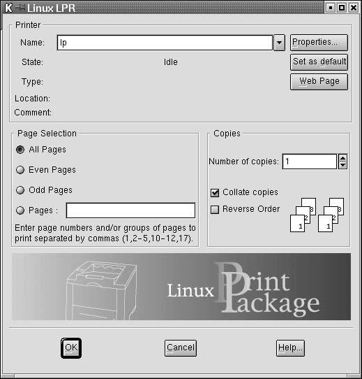 Εάν το παράθυρο ρύθµισης των παραµέτρων του εκτυπωτή Linux είναι ανοικτό, επιλέξτε Test Print στο µενού Print. 3 Ανοίγει το παράθυρο LLPR Properties.