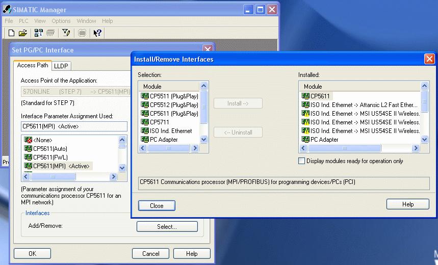 In fereastra Set PG/PC Interface prin butonul Select se alege interfata CP 5611 (MPI), care a fost in prealabil instalata pe magistrala interna a PC de tip PCI.