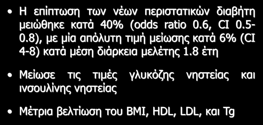 Μετα-ανάλυση 31 μελετών με 4570 άτομα Η επίπτωση των νέων περιστατικών διαβήτη μειώθηκε κατά 40% (odds ratio 0.6, CI 0.5-0.