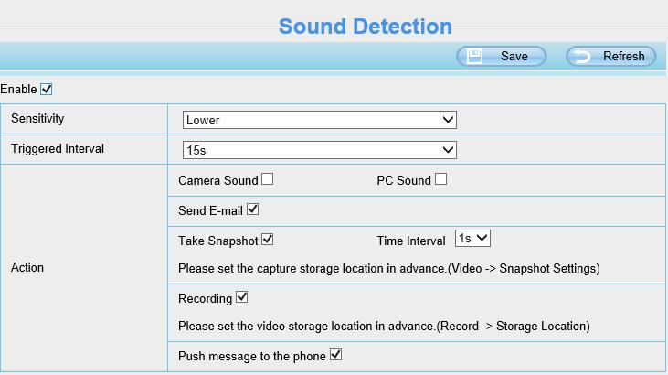 Sound Detection: Εδώ μπορούμε να ενεργοποιήσουμε / απενεργοποιήσουμε την ανίχνευση ήχου (μόνο για τα μοντέλα με μικρόφωνο). Enable: Ενεργοποίηση / απενεργοποίηση της ανίχνευσης ήχου.