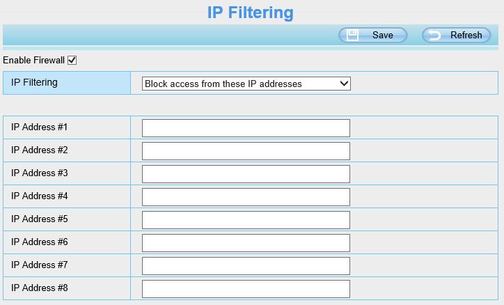 IP Filtering: Αν έχουμε επιλέξει Block access from these IP addresses τότε η πρόσβαση θα απαγορεύεται για όσες IP έχουμε καταχωρήσει στα πεδία IP Address #1-#8.