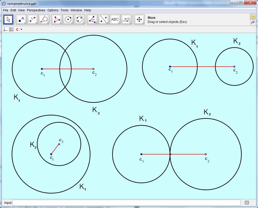 b) kružne linije K1 i K2 nemaju zajedničkih tačaka. Ovaj slučaj imamo kada je jedna kružna linija zvan druge, tj.