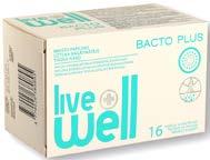 LIVE WELL -15% 11 99-35% 7 79 sutaupote 4 20 Žarnyno mikroflorai LIVE WELL BACTO Live Well CHOCO BACTO, 16 šokoladinių tablečių 6,99 5,94 Live Well BACTO PLUS, 16 pakelių su milteliais 8,99 7,64