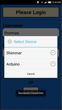 Με τον έξοδο μας από την οθόνη της συσκευής Shimmer, εμφανίζεται η οθόνη που μπορούμε να επιλέξουμε μεταξύ της Shimmer και του Arduino.
