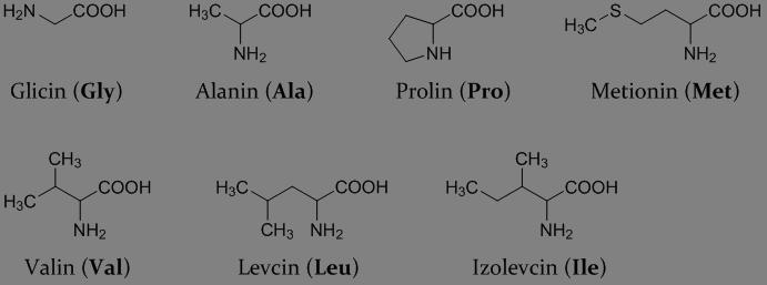 AK z nepolarnimi stranskimi verigami (nepolarne): - vsebujejo aromatske/alifatske R, ki jim dajejo hidrofobni značaj - v proteinih jih najpogosteje
