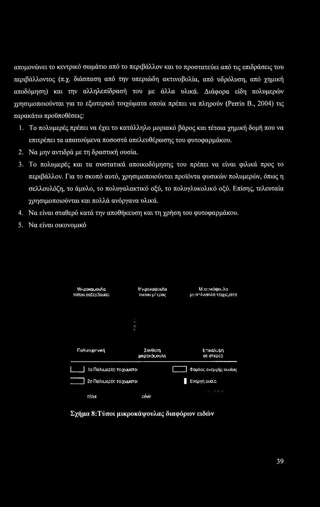 Διάφορα είδη πολυμερών χρησιμοποιούνται για το εξωτερικό τοιχώματα οποία πρέπει να πληρούν (Perrin Β., 2004) τις παρακάτω προϋποθέσεις: 1.